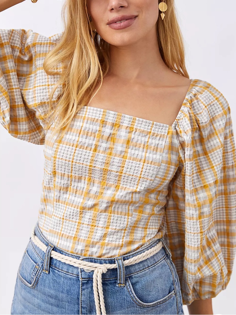 Maeve Anthropologie Plaid Square Neck Blouse Cottagecore Mustard Yellow Small